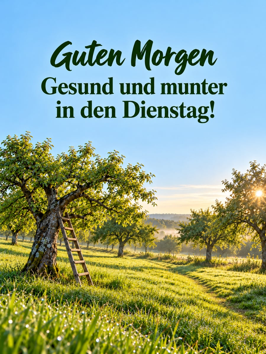Guten-Morgen-Bild zum Dienstag mit dem Text „Guten Morgen“ und „Gesund und munter in den Dienstag!“ – Motiv: Streuobstwiese, Apfelbäume, Leiter, Morgentau