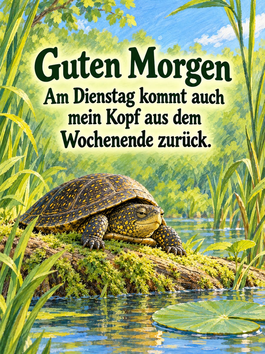 Guten-Morgen-Bild zum Dienstag mit dem Text „Guten Morgen“ und „Am Dienstag kommt auch mein Kopf aus dem Wochenende zurück.“ – Motiv: Sumpfschildkröte, Gartenteich, Wochenende, Dienstag
