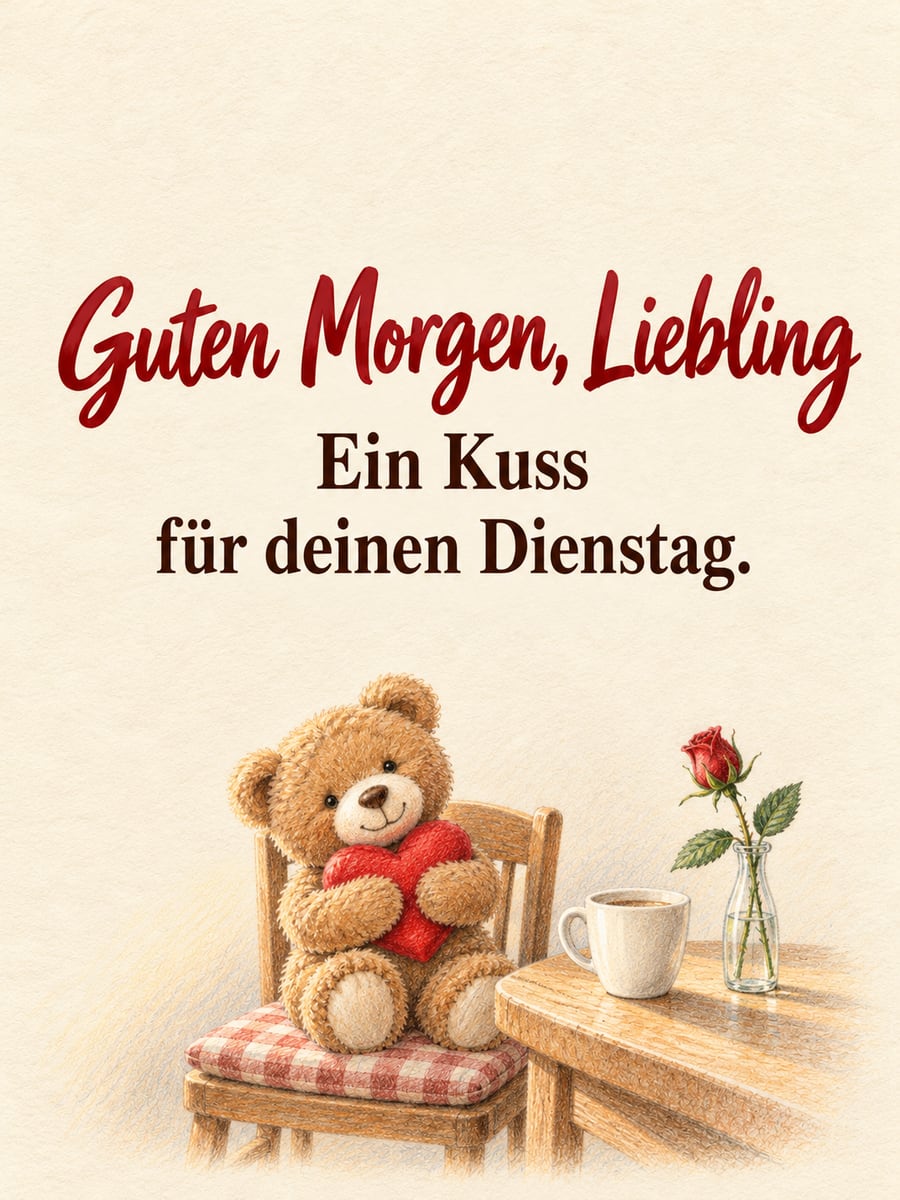 Guten-Morgen-Bild zum Dienstag mit dem Text „Guten Morgen, Liebling“ und „Ein Kuss für deinen Dienstag.“ – Motiv: Teddybär, Herz, Rosenknospe, Liebe