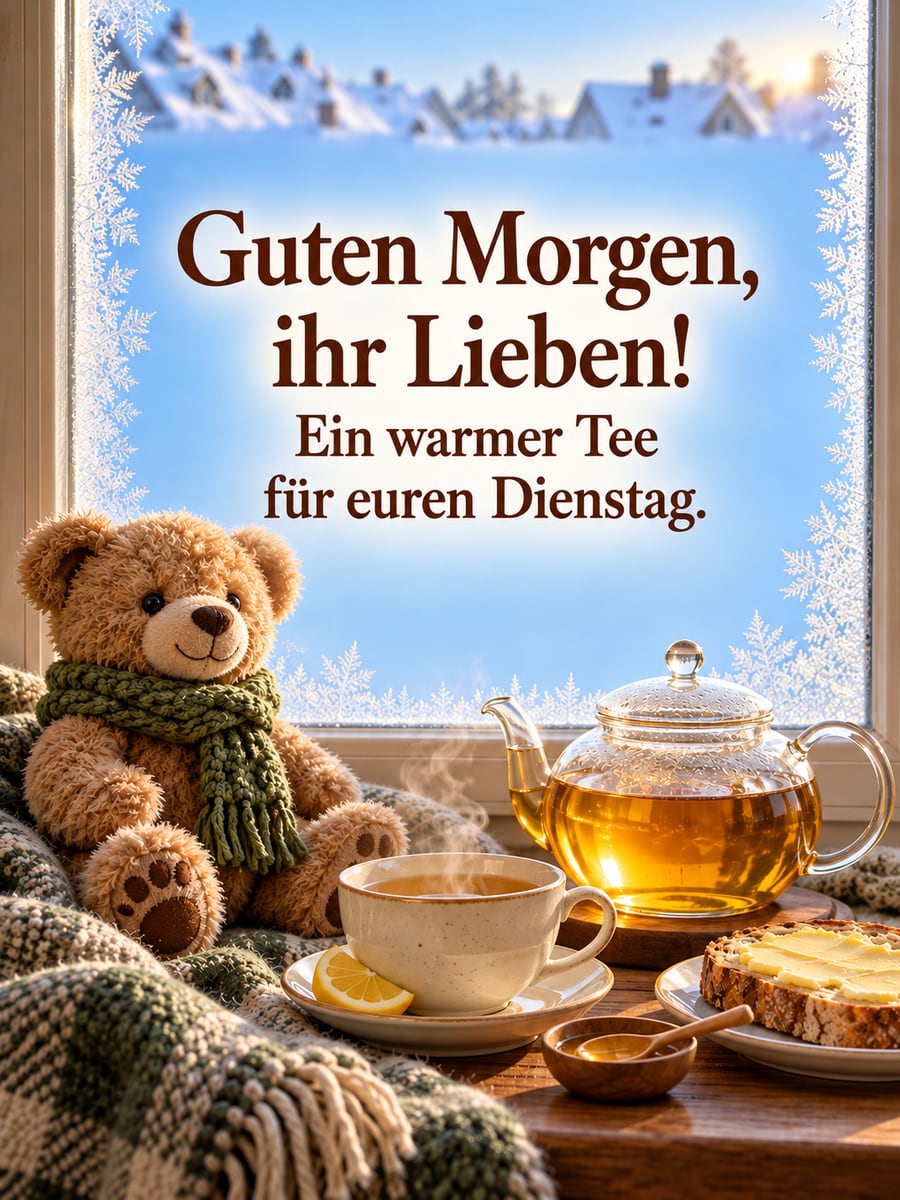 Guten-Morgen-Bild zum Dienstag mit dem Text „Guten Morgen, ihr Lieben!“ und „Ein warmer Tee für euren Dienstag.“ – Motiv: Teddybär, Tee, Fensterbank, Winter
