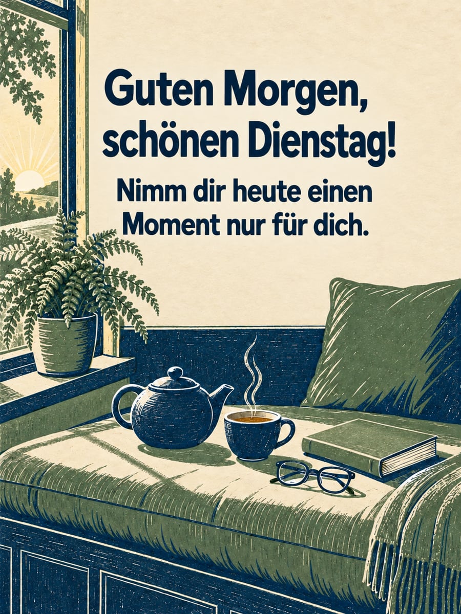 Guten-Morgen-Bild zum Dienstag mit dem Text „Guten Morgen, schönen Dienstag!“ und „Nimm dir heute einen Moment nur für dich.“ – Motiv: Tee, Teekanne, Fensterplatz, Buch, Auszeit