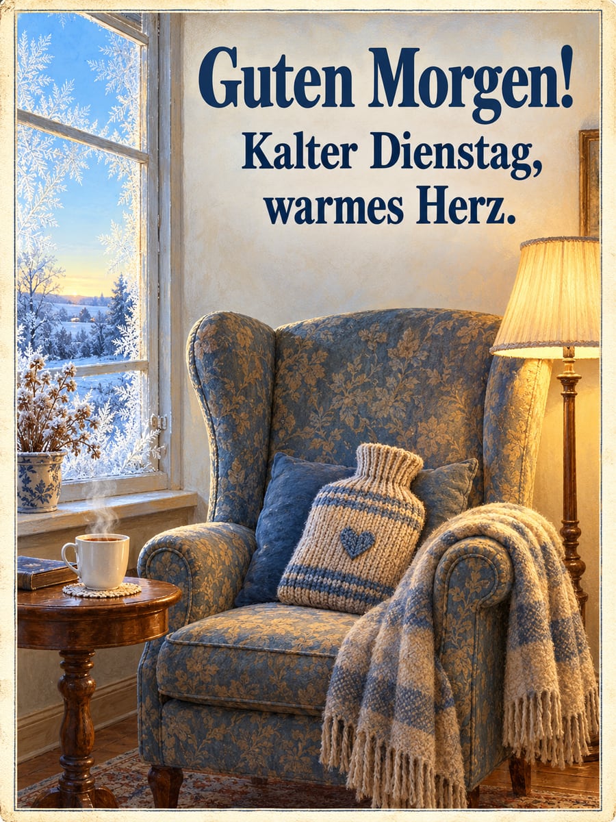 Guten-Morgen-Bild zum Dienstag mit dem Text „Guten Morgen!“ und „Kalter Dienstag, warmes Herz.“ – Motiv: Wärmflasche, Ohrensessel, Stehlampe, Eisblumen