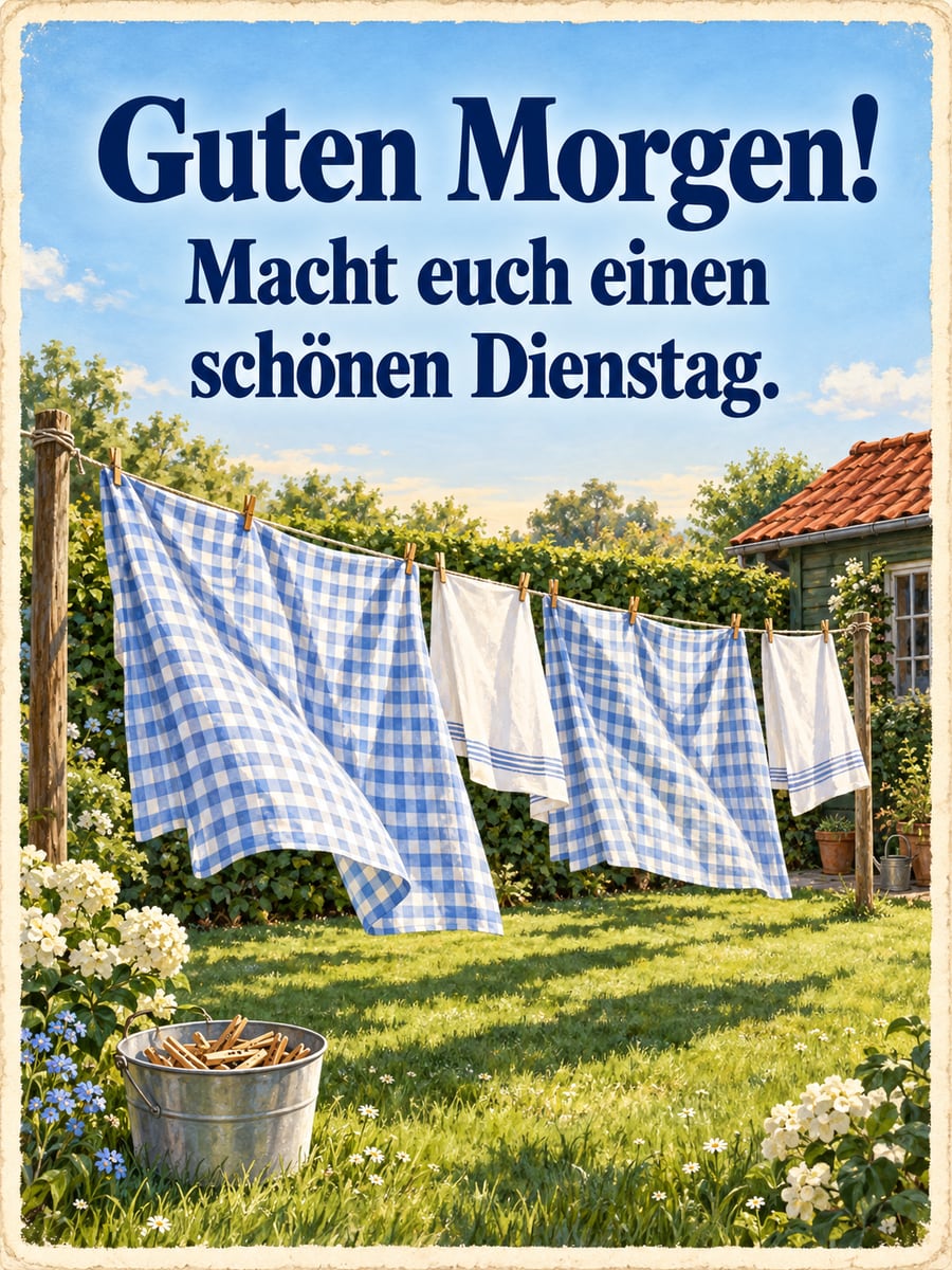 Guten-Morgen-Bild zum Dienstag mit dem Text „Guten Morgen!“ und „Macht euch einen schönen Dienstag.“ – Motiv: Wäscheleine, Bettwäsche, Wäscheklammern, Garten