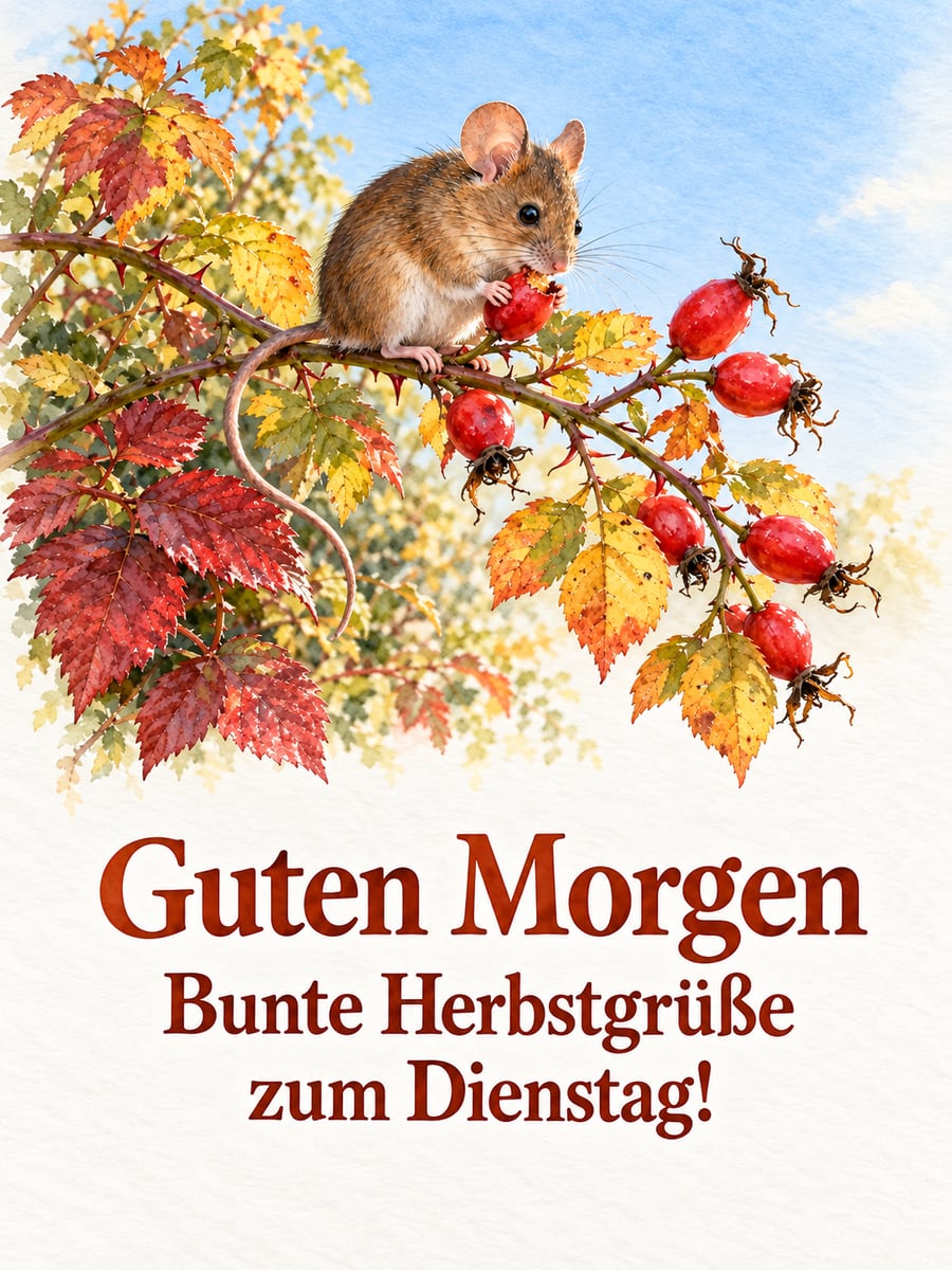Guten-Morgen-Bild zum Dienstag mit dem Text „Guten Morgen“ und „Bunte Herbstgrüße zum Dienstag!“ – Motiv: Waldmaus, Hagebutten, Herbstlaub, Hecke