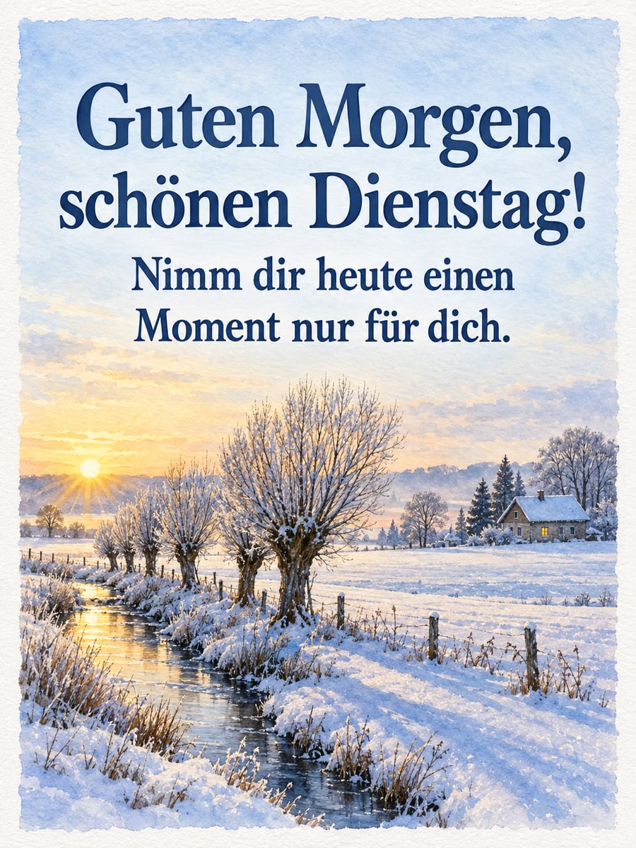 Guten-Morgen-Bild zum Dienstag mit dem Text „Guten Morgen, schönen Dienstag!“ und „Nimm dir heute einen Moment nur für dich.“ – Motiv: Winter, Sonnenaufgang, Schneefelder, Kopfweiden