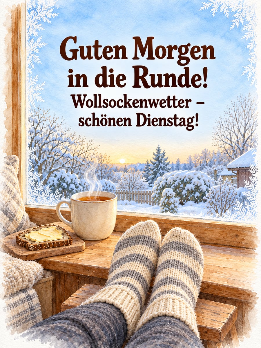 Guten-Morgen-Bild zum Dienstag mit dem Text „Guten Morgen in die Runde!“ und „Wollsockenwetter – schönen Dienstag!“ – Motiv: Wollsocken, Tee, Fensterbank, Eisblumen