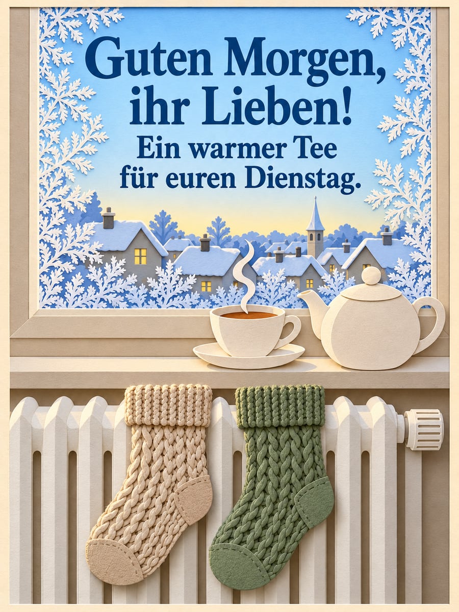 Guten-Morgen-Bild zum Dienstag mit dem Text „Guten Morgen, ihr Lieben!“ und „Ein warmer Tee für euren Dienstag.“ – Motiv: Wollsocken, Heizung, Tee, Eisblumen
