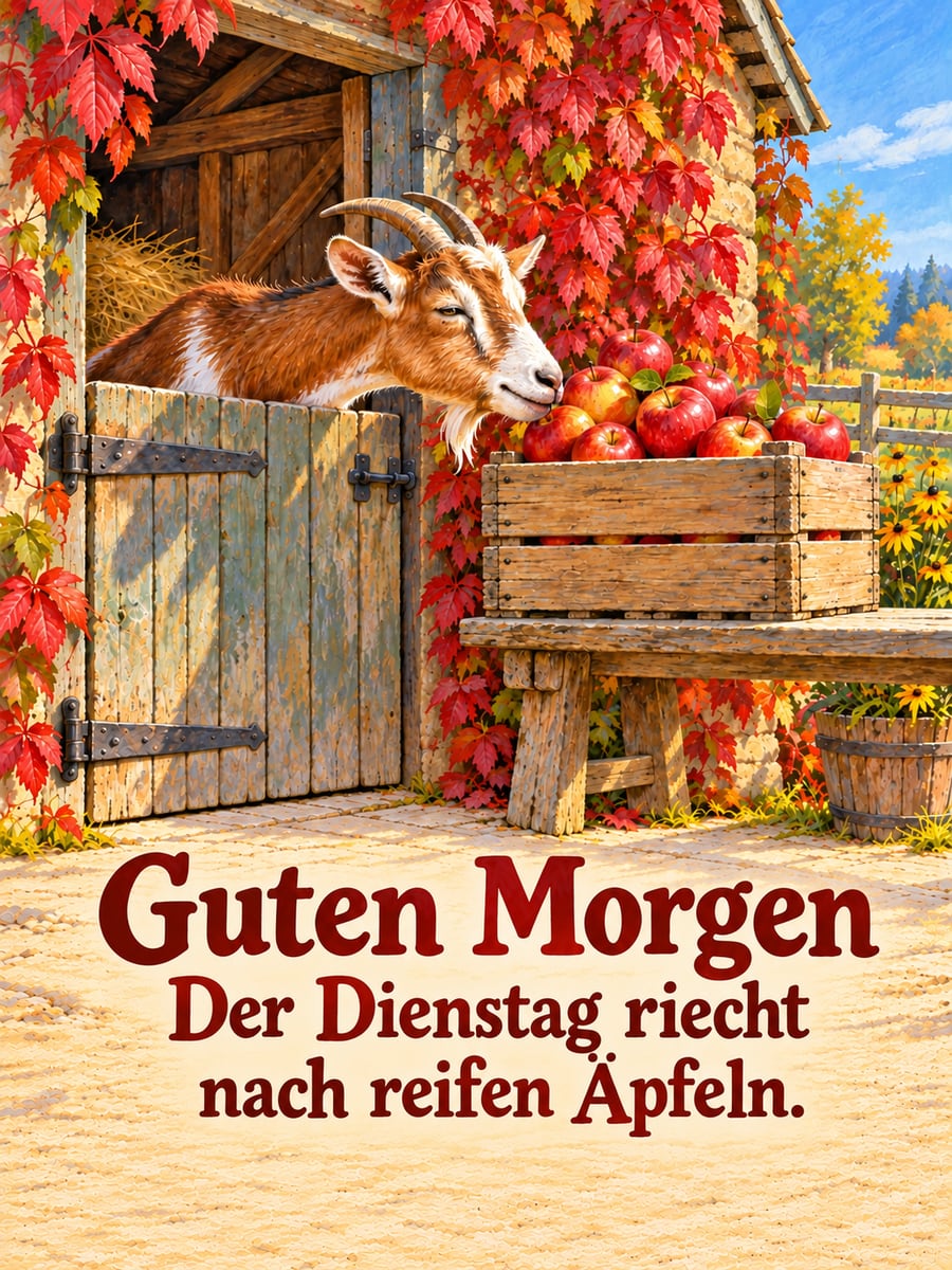 Guten-Morgen-Bild zum Dienstag mit dem Text „Guten Morgen“ und „Der Dienstag riecht nach reifen Äpfeln.“ – Motiv: Ziege, Apfelkiste, Stalltür, Äpfel