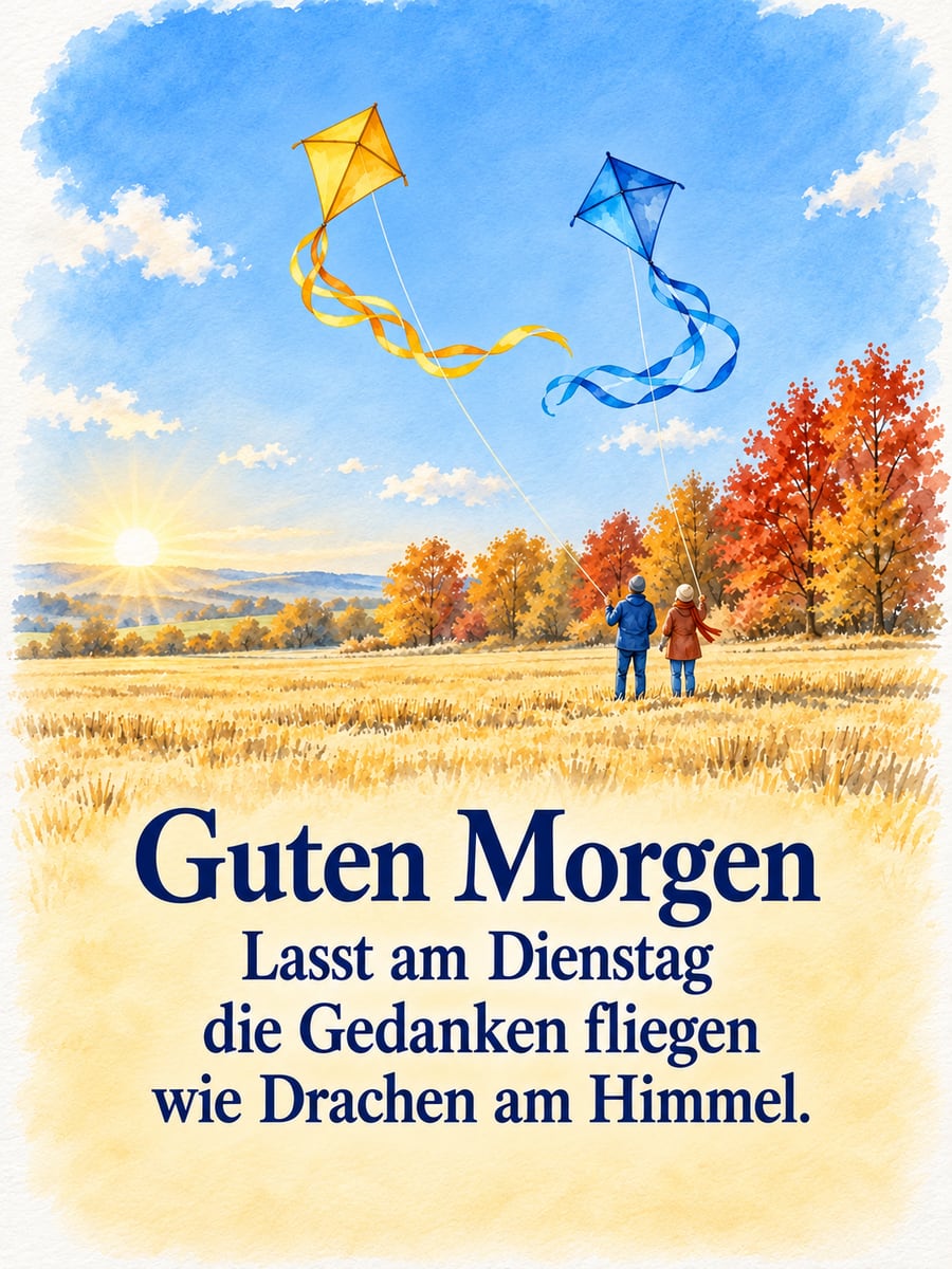 Guten-Morgen-Bild zum Dienstag mit dem Text „Guten Morgen“ und „Lasst am Dienstag die Gedanken fliegen wie Drachen am Himmel.“ – Motiv: Drachen, Stoppelfeld, Herbstwind, Zweisamkeit