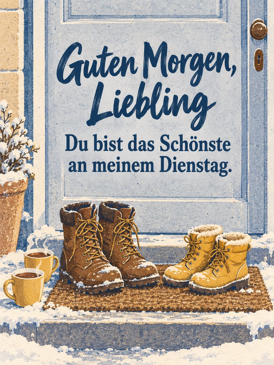 Guten-Morgen-Bild zum Dienstag mit dem Text „Guten Morgen, Liebling“ und „Du bist das Schönste an meinem Dienstag.“ – Motiv: Winterstiefel, Fußmatte, Haustür, Zweisamkeit