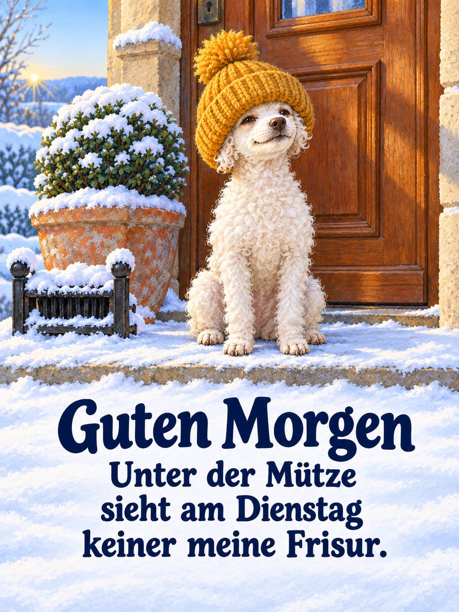 Guten-Morgen-Bild zum Dienstag mit dem Text „Guten Morgen“ und „Unter der Mütze sieht am Dienstag keiner meine Frisur.“ – Motiv: Pudel, Bommelmütze, Frisur, Winter