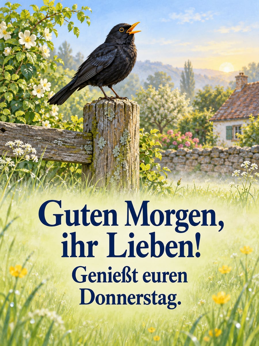 Guten-Morgen-Bild zum Donnerstag mit dem Text „Guten Morgen, ihr Lieben!“ und „Genießt euren Donnerstag.“ – Motiv: Amsel, Zaunpfahl, Morgengesang, Bauerngarten