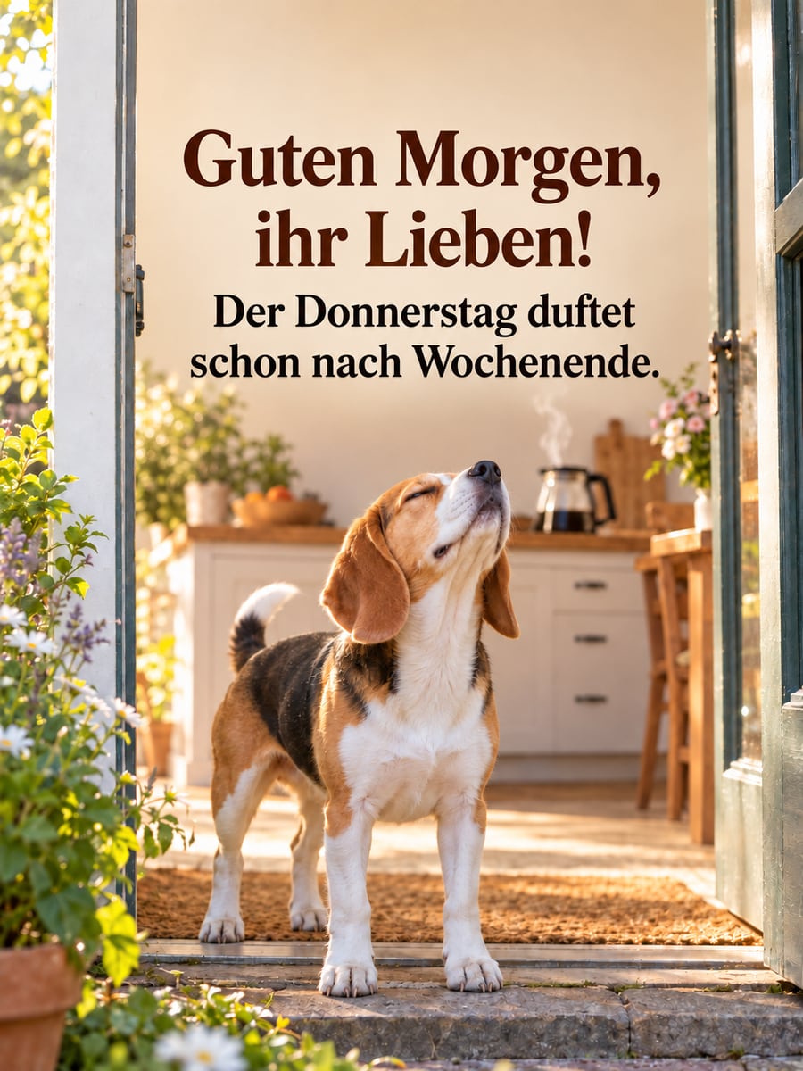 Guten-Morgen-Bild zum Donnerstag mit dem Text „Guten Morgen, ihr Lieben!“ und „Der Donnerstag duftet schon nach Wochenende.“ – Motiv: Beagle, Schnuppern, Küchentür, Kaffee