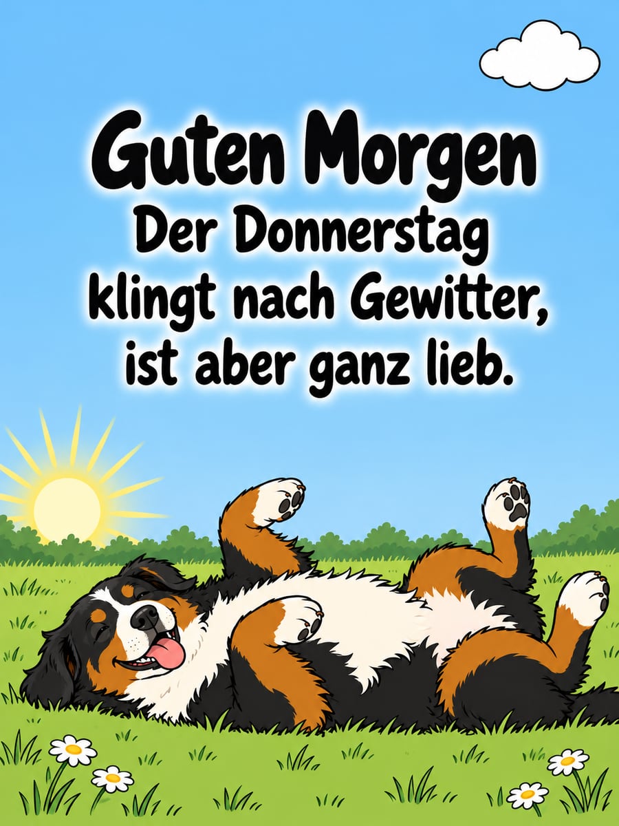 Guten-Morgen-Bild zum Donnerstag mit dem Text „Guten Morgen“ und „Der Donnerstag klingt nach Gewitter, ist aber ganz lieb.“ – Motiv: Berner Sennenhund, Sonnenbad, Wölkchen, Garten