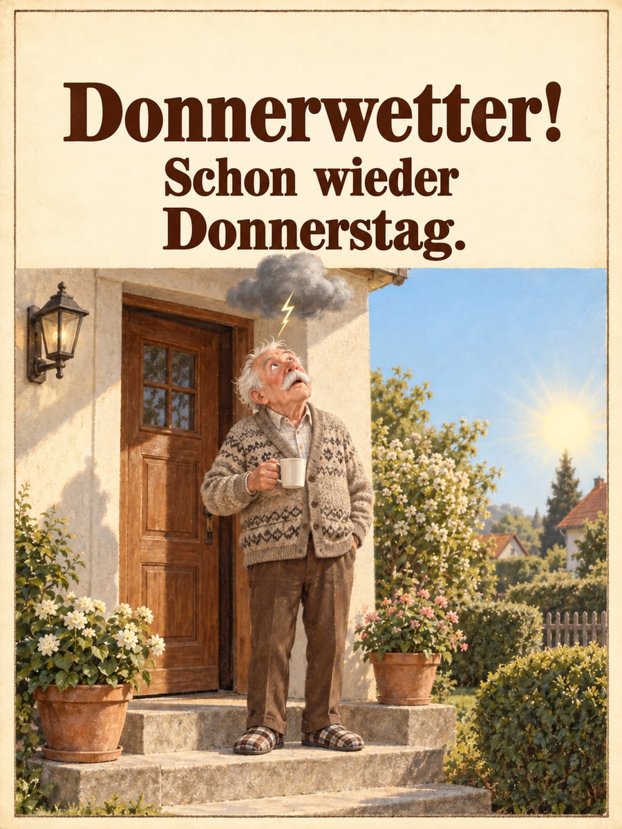 Guten-Morgen-Bild zum Donnerstag mit dem Text „Donnerwetter!“ und „Schon wieder Donnerstag.“ – Motiv: Donnerwetter, Gewitterwölkchen, älterer Herr, Vorgarten