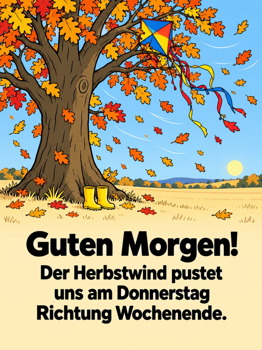 Guten-Morgen-Bild zum Donnerstag mit dem Text „Guten Morgen!“ und „Der Herbstwind pustet uns am Donnerstag Richtung Wochenende.“ – Motiv: Drachen, Eiche, Gummistiefel, Herbstwind