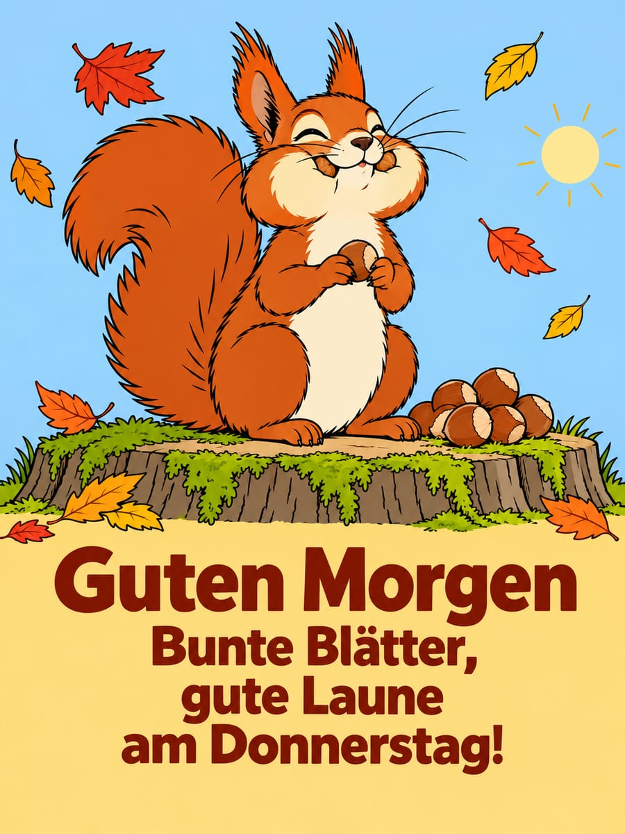 Guten-Morgen-Bild zum Donnerstag mit dem Text „Guten Morgen“ und „Bunte Blätter, gute Laune am Donnerstag!“ – Motiv: Eichhörnchen, Haselnüsse, Herbstlaub, Baumstumpf
