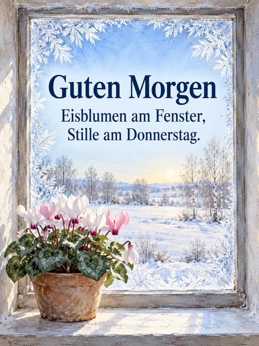 Guten-Morgen-Bild zum Donnerstag mit dem Text „Guten Morgen“ und „Eisblumen am Fenster, Stille am Donnerstag.“ – Motiv: Eisblumen, Alpenveilchen, Fensterbank, Winterstille