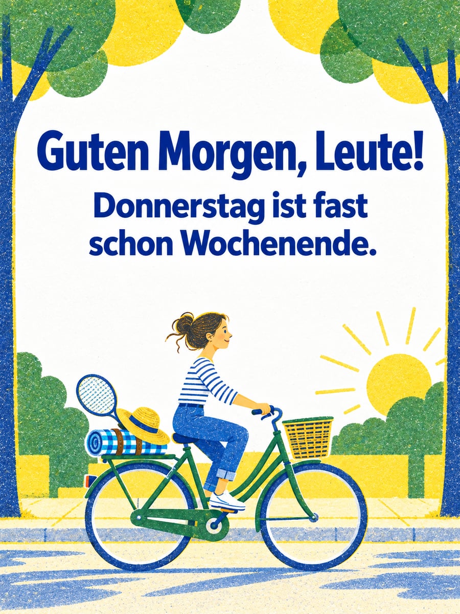 Guten-Morgen-Bild zum Donnerstag mit dem Text „Guten Morgen, Leute!“ und „Donnerstag ist fast schon Wochenende.“ – Motiv: Fahrrad, Picknickdecke, Badmintonschläger, Sonnenhut
