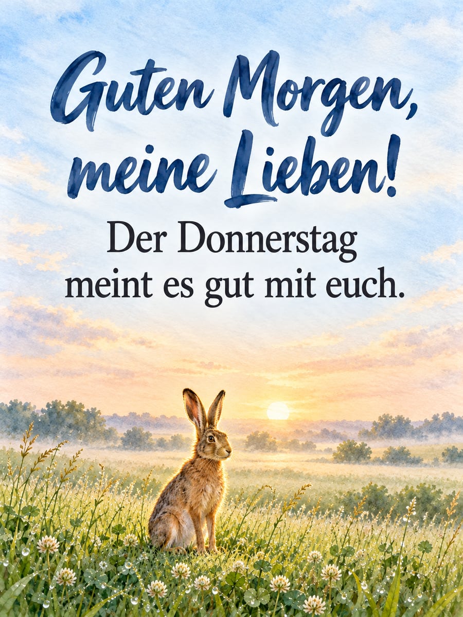 Guten-Morgen-Bild zum Donnerstag mit dem Text „Guten Morgen, meine Lieben!“ und „Der Donnerstag meint es gut mit euch.“ – Motiv: Feldhase, Tauwiese, Hecke