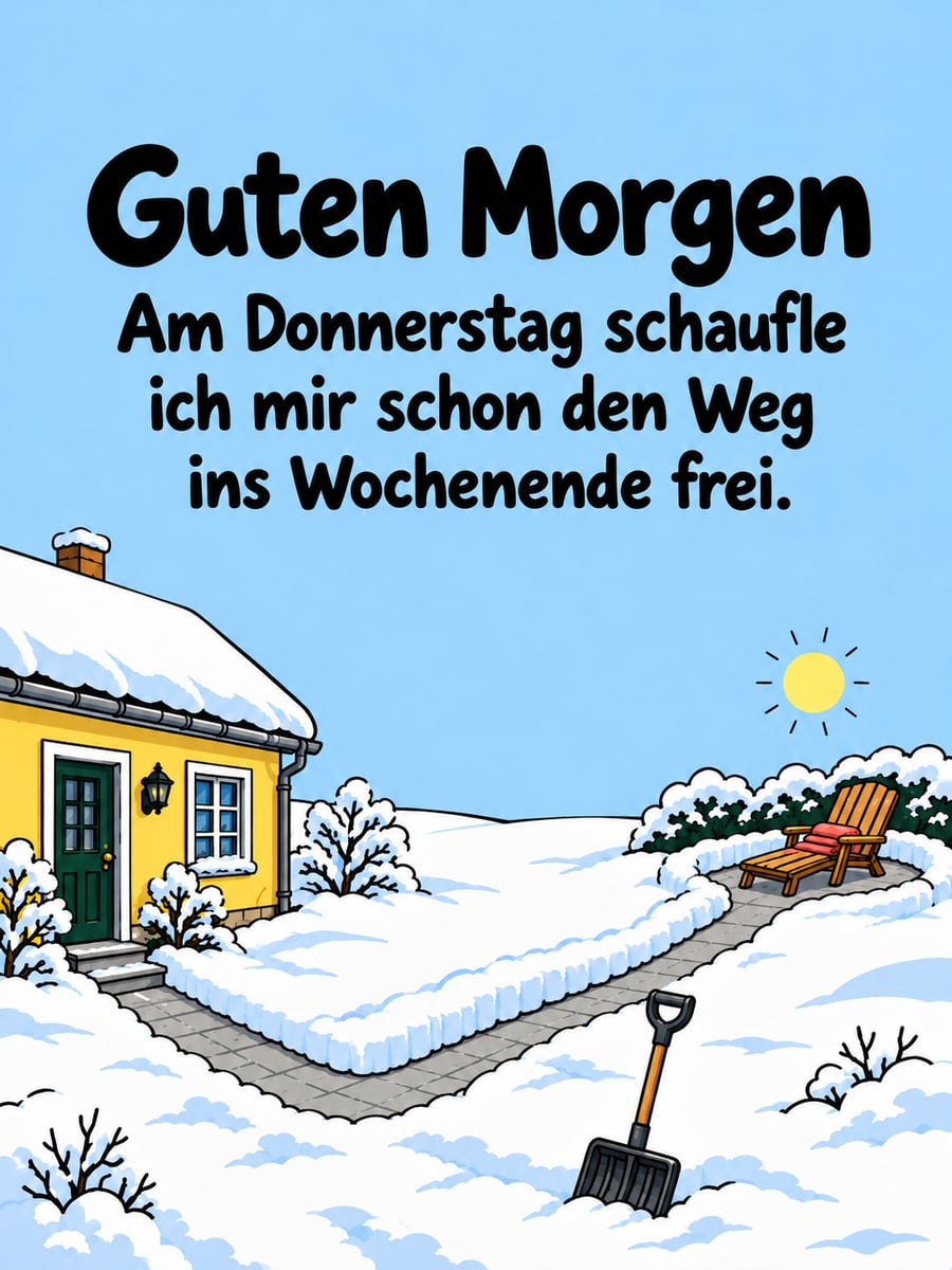 Guten-Morgen-Bild zum Donnerstag mit dem Text „Guten Morgen“ und „Am Donnerstag schaufle ich mir schon den Weg ins Wochenende frei.“ – Motiv: Schneeschaufel, Schneeweg, Liegestuhl, Vorgarten