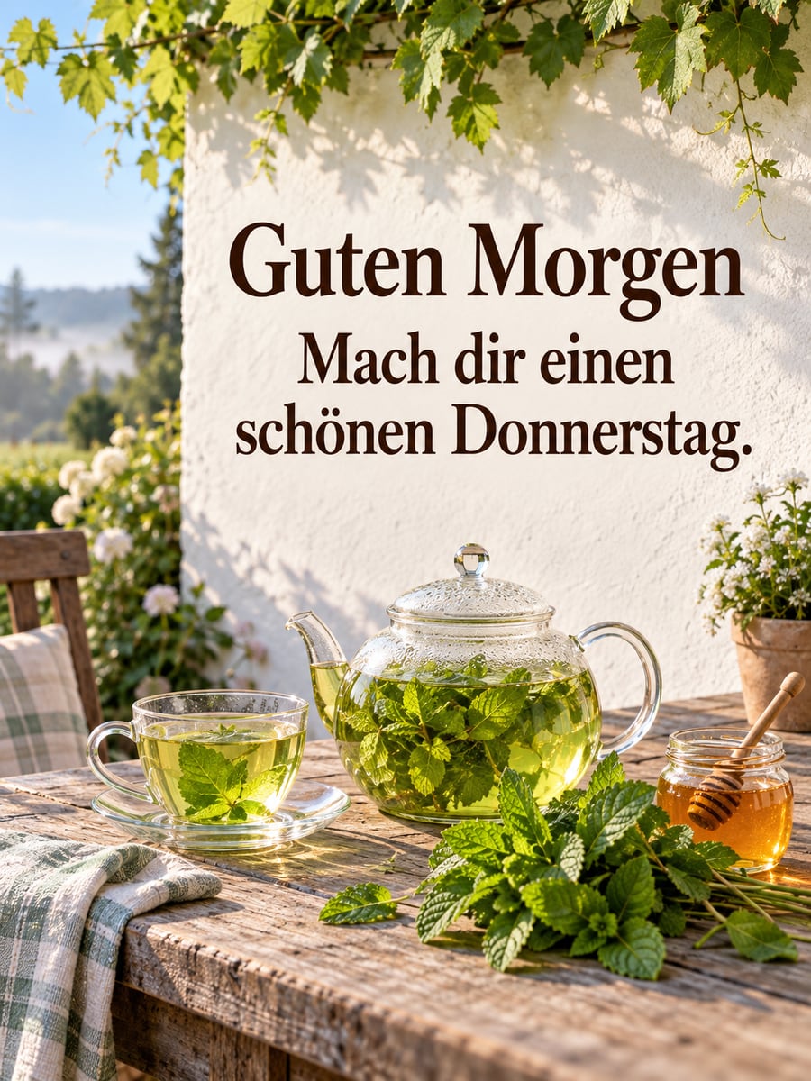 Guten-Morgen-Bild zum Donnerstag mit dem Text „Guten Morgen“ und „Mach dir einen schönen Donnerstag.“ – Motiv: Pfefferminztee, Glaskanne, Honig, Hauswand