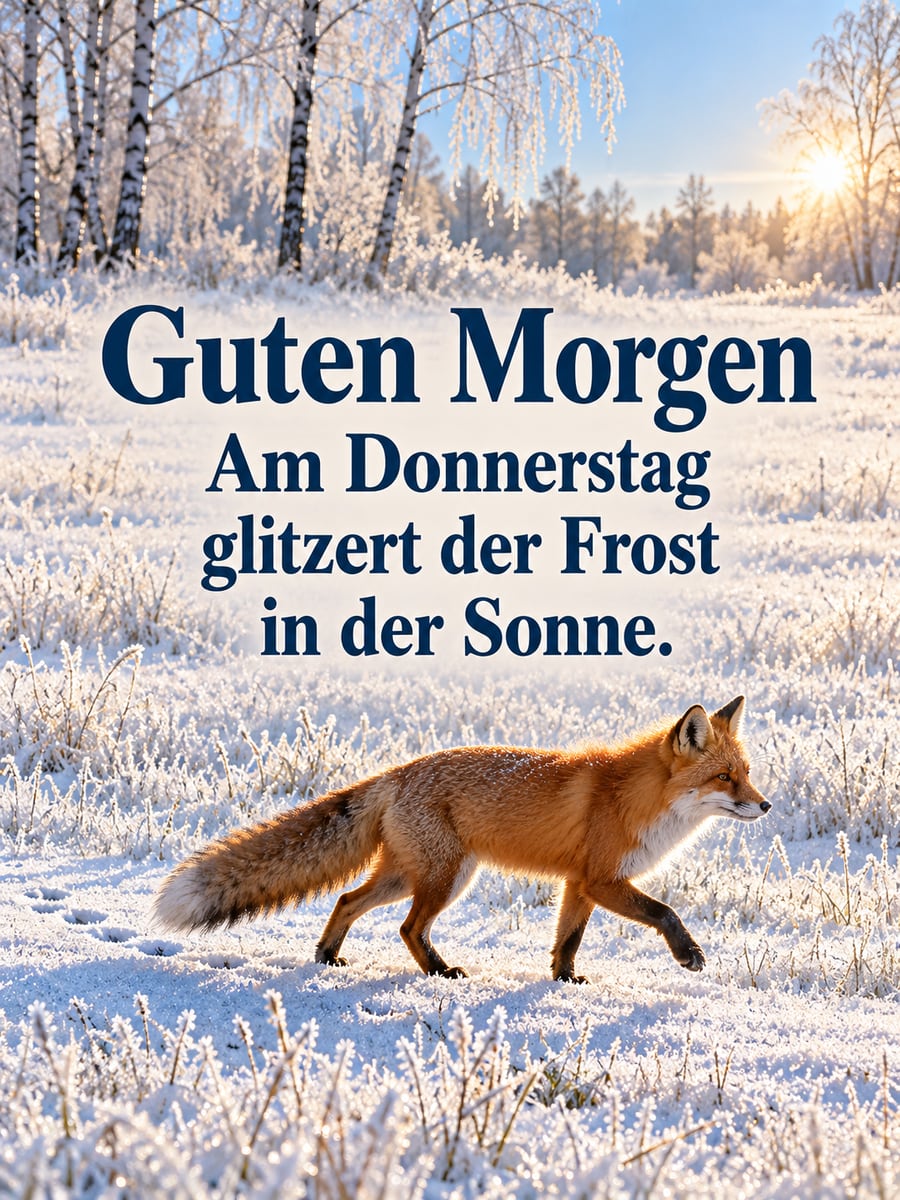 Guten-Morgen-Bild zum Donnerstag mit dem Text „Guten Morgen“ und „Am Donnerstag glitzert der Frost in der Sonne.“ – Motiv: Fuchs, Raureif, Spuren im Schnee, Birken