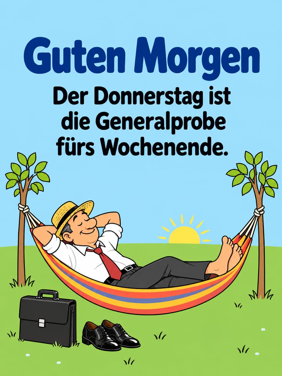 Guten-Morgen-Bild zum Donnerstag mit dem Text „Guten Morgen“ und „Der Donnerstag ist die Generalprobe fürs Wochenende.“ – Motiv: Hängematte, Aktentasche, Generalprobe, Garten