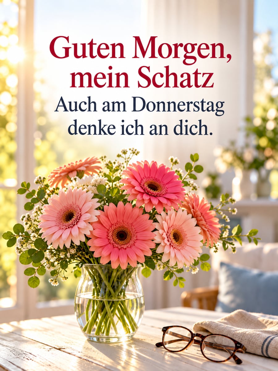 Guten-Morgen-Bild zum Donnerstag mit dem Text „Guten Morgen, mein Schatz“ und „Auch am Donnerstag denke ich an dich.“ – Motiv: Gerbera, Glasvase, Lesebrille