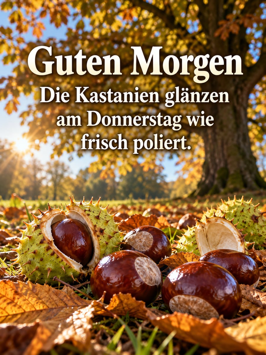 Guten-Morgen-Bild zum Donnerstag mit dem Text „Guten Morgen“ und „Die Kastanien glänzen am Donnerstag wie frisch poliert.“ – Motiv: Kastanien, Stachelhülle, Kastanienbaum, Herbstsonne
