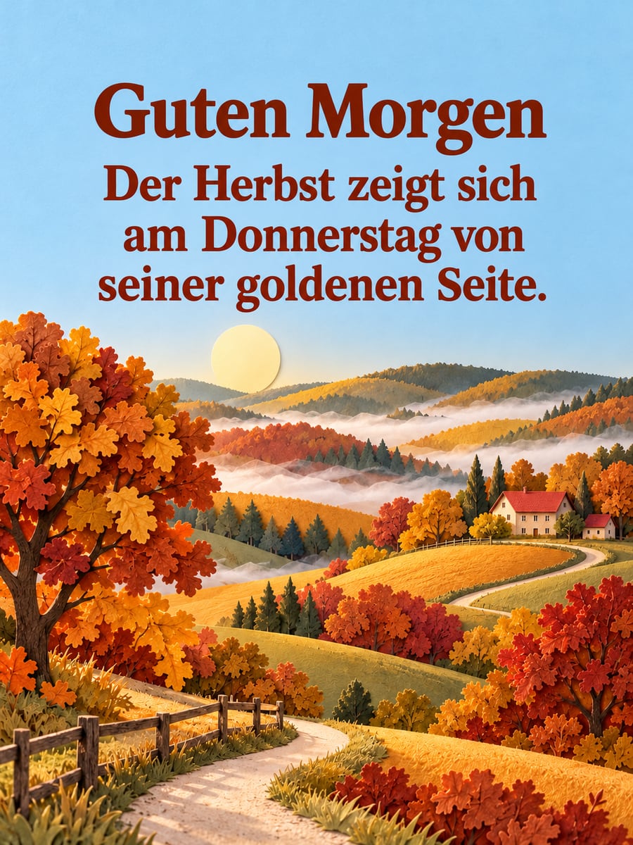 Guten-Morgen-Bild zum Donnerstag mit dem Text „Guten Morgen“ und „Der Herbst zeigt sich am Donnerstag von seiner goldenen Seite.“ – Motiv: Goldener Herbst, Hügel, Buchenwald, Papierschnitt