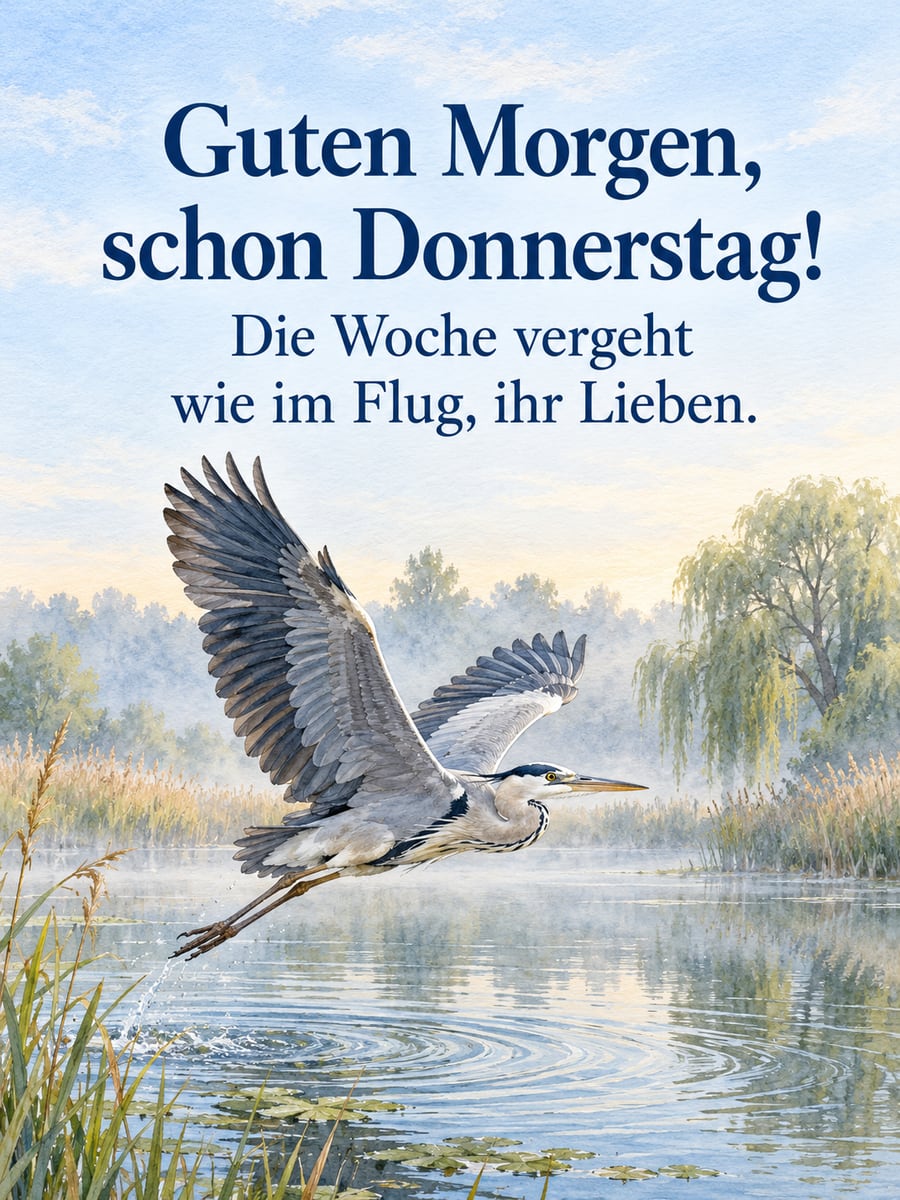 Guten-Morgen-Bild zum Donnerstag mit dem Text „Guten Morgen, schon Donnerstag!“ und „Die Woche vergeht wie im Flug, ihr Lieben.“ – Motiv: Graureiher, Teich, Schilf, Morgennebel