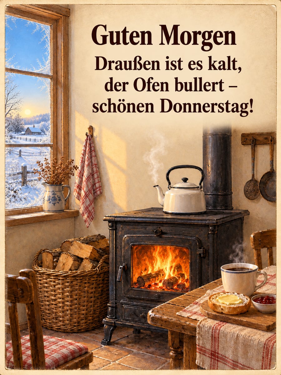 Guten-Morgen-Bild zum Donnerstag mit dem Text „Guten Morgen“ und „Draußen ist es kalt, der Ofen bullert – schönen Donnerstag!“ – Motiv: Holzofen, Wasserkessel, Holzkorb, Frühstück
