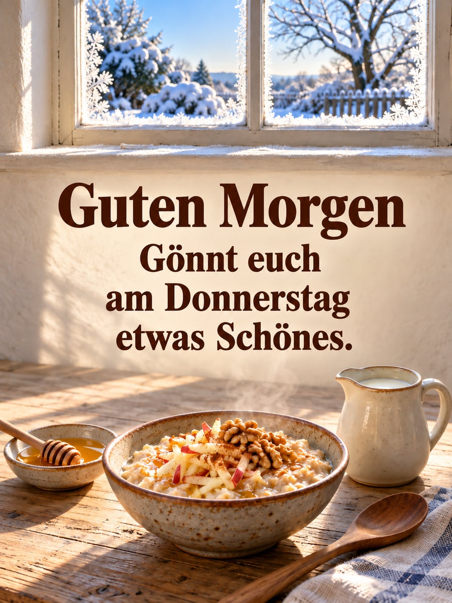 Guten-Morgen-Bild zum Donnerstag mit dem Text „Guten Morgen“ und „Gönnt euch am Donnerstag etwas Schönes.“ – Motiv: Haferbrei, Wintersonne, Zimt, Frühstück