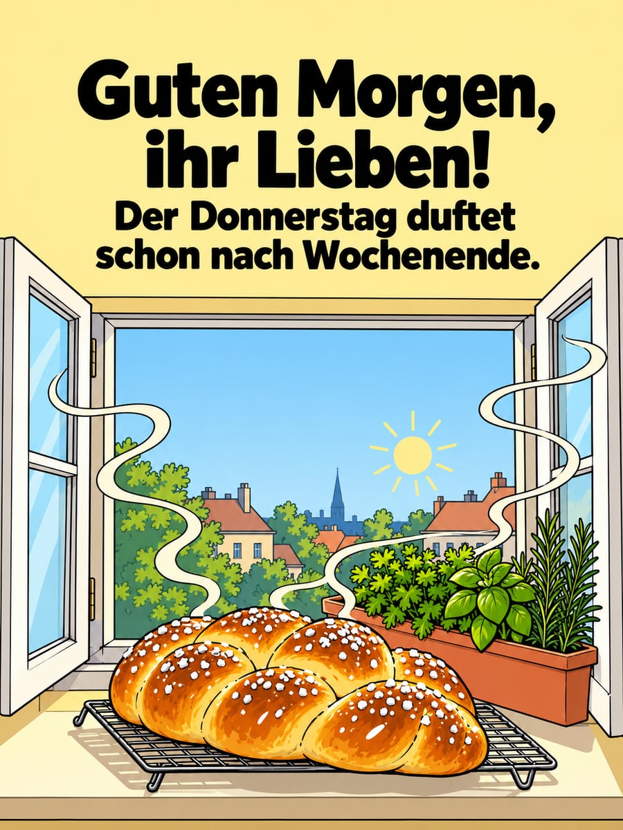 Guten-Morgen-Bild zum Donnerstag mit dem Text „Guten Morgen, ihr Lieben!“ und „Der Donnerstag duftet schon nach Wochenende.“ – Motiv: Hefezopf, Fensterbrett, Duft, Hagelzucker