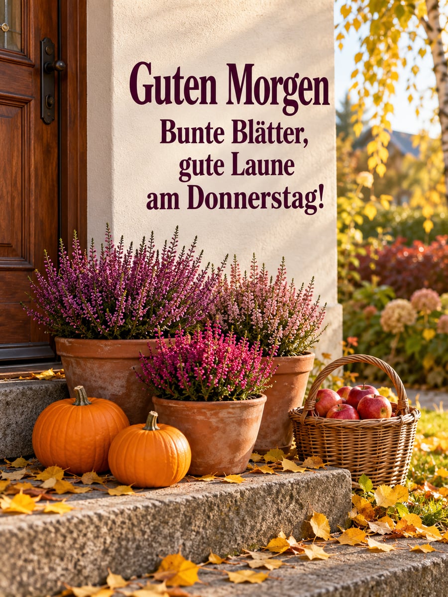 Guten-Morgen-Bild zum Donnerstag mit dem Text „Guten Morgen“ und „Bunte Blätter, gute Laune am Donnerstag!“ – Motiv: Heidekraut, Kürbisse, Äpfel, Hauseingang