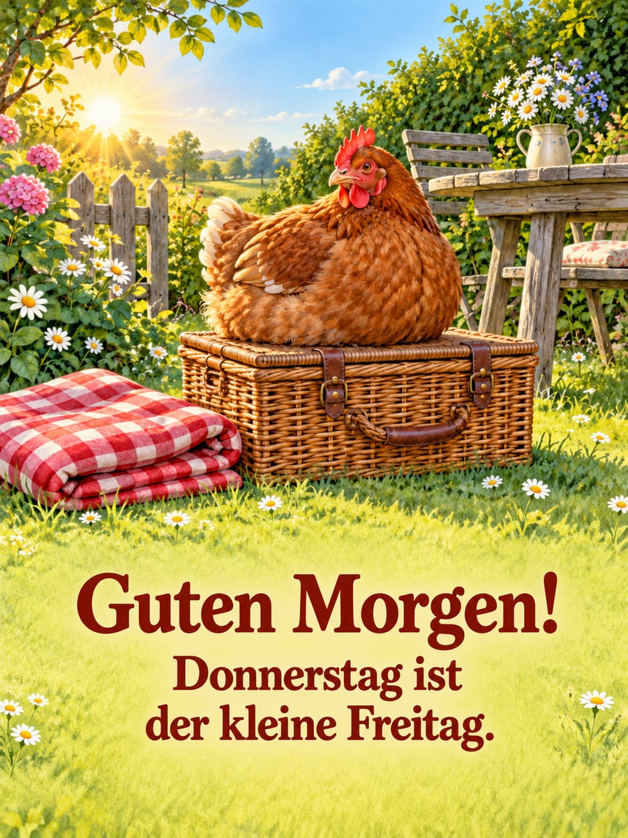 Guten-Morgen-Bild zum Donnerstag mit dem Text „Guten Morgen!“ und „Donnerstag ist der kleine Freitag.“ – Motiv: Henne, Picknickkorb, kleiner Freitag, Bauerngarten