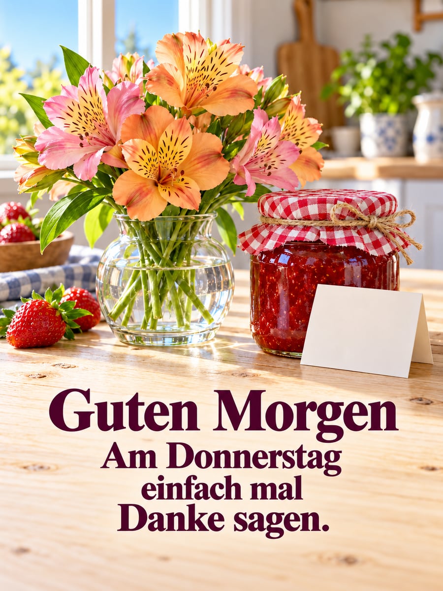 Guten-Morgen-Bild zum Donnerstag mit dem Text „Guten Morgen“ und „Am Donnerstag einfach mal Danke sagen.“ – Motiv: Inkalilien, Marmelade, Dankeschön, Küchentisch