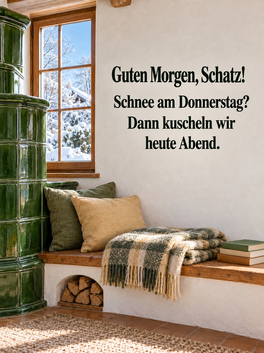 Guten-Morgen-Bild zum Donnerstag mit dem Text „Guten Morgen, Schatz!“ und „Schnee am Donnerstag? Dann kuscheln wir heute Abend.“ – Motiv: Kachelofen, Ofenbank, Kuscheldecke, Schnee