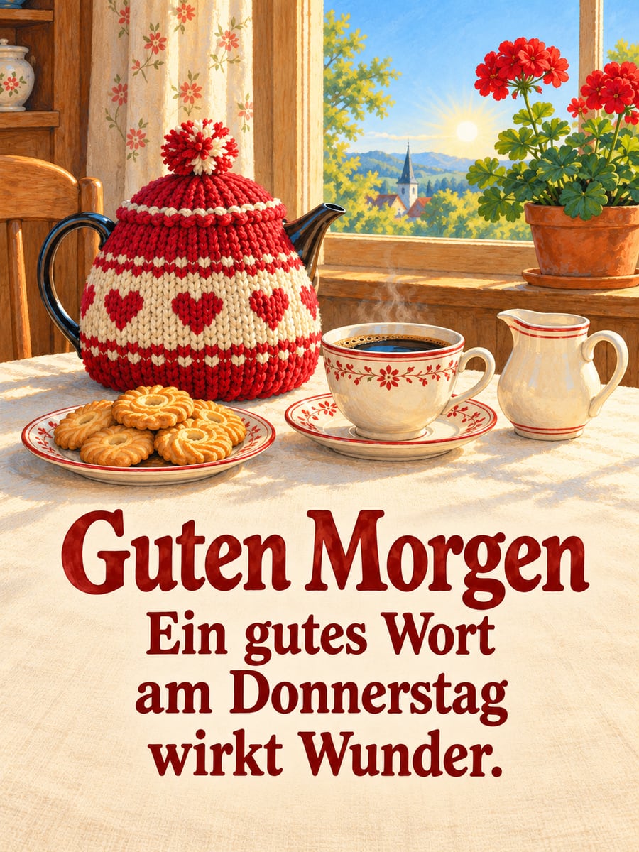 Guten-Morgen-Bild zum Donnerstag mit dem Text „Guten Morgen“ und „Ein gutes Wort am Donnerstag wirkt Wunder.“ – Motiv: Kaffeemütze, Kaffeekanne, Butterkekse, Geranie