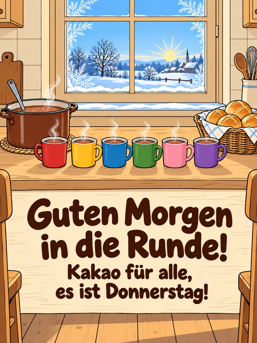 Guten-Morgen-Bild zum Donnerstag mit dem Text „Guten Morgen in die Runde!“ und „Kakao für alle, es ist Donnerstag!“ – Motiv: Kakao, Becher, Küchentisch, Eisblumen