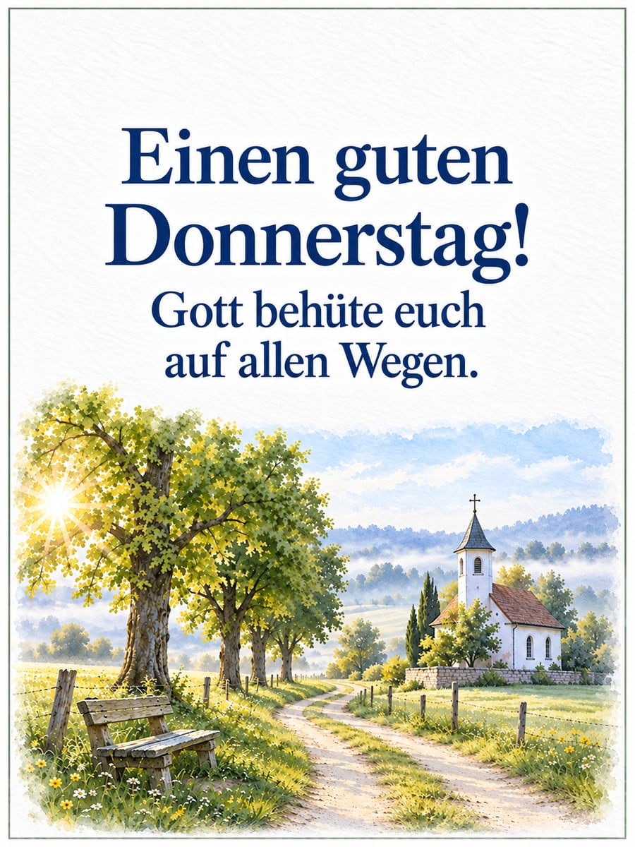 Guten-Morgen-Bild zum Donnerstag mit dem Text „Einen guten Donnerstag!“ und „Gott behüte euch auf allen Wegen.“ – Motiv: Kapelle, Feldweg, Linden, Bank