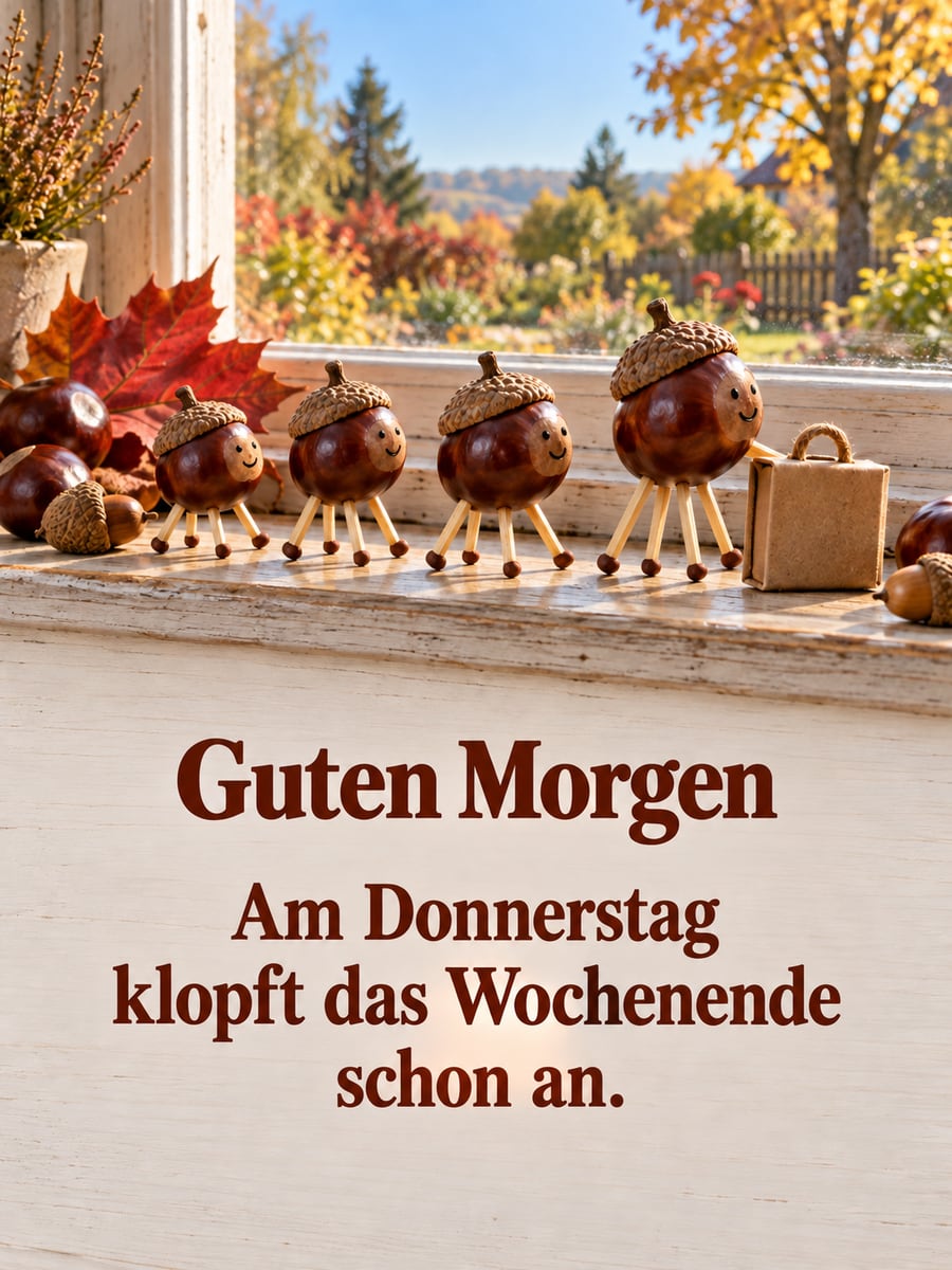Guten-Morgen-Bild zum Donnerstag mit dem Text „Guten Morgen“ und „Am Donnerstag klopft das Wochenende schon an.“ – Motiv: Kastanienmännchen, Kastanien, Eicheln, Fensterbank