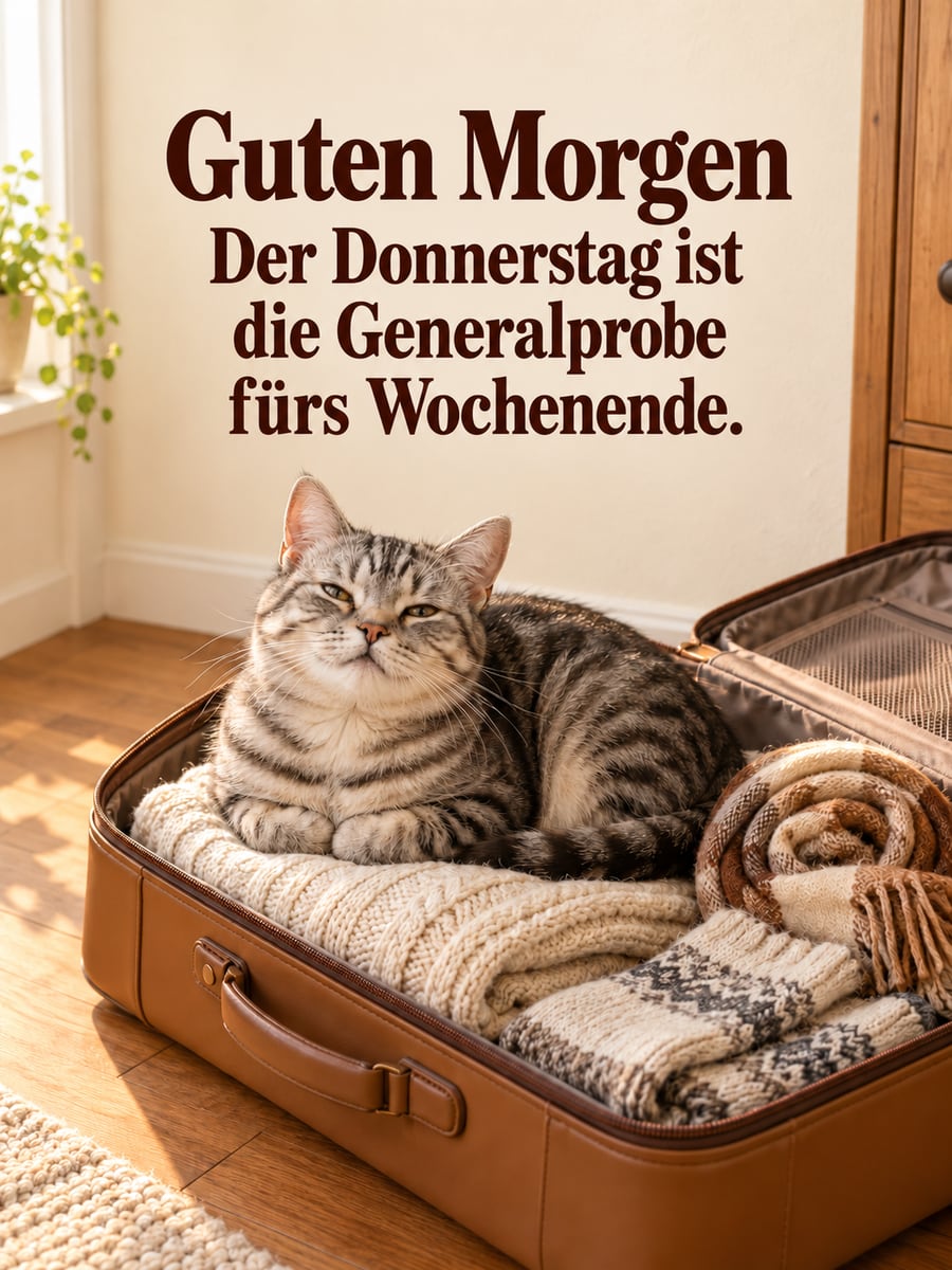Guten-Morgen-Bild zum Donnerstag mit dem Text „Guten Morgen“ und „Der Donnerstag ist die Generalprobe fürs Wochenende.“ – Motiv: Katze, Koffer, Wochenende, Generalprobe