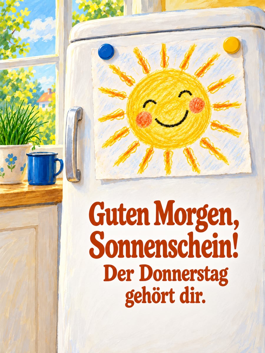 Guten-Morgen-Bild zum Donnerstag mit dem Text „Guten Morgen, Sonnenschein!“ und „Der Donnerstag gehört dir.“ – Motiv: Kinderzeichnung, Sonne, Kühlschrank, Sonnenschein