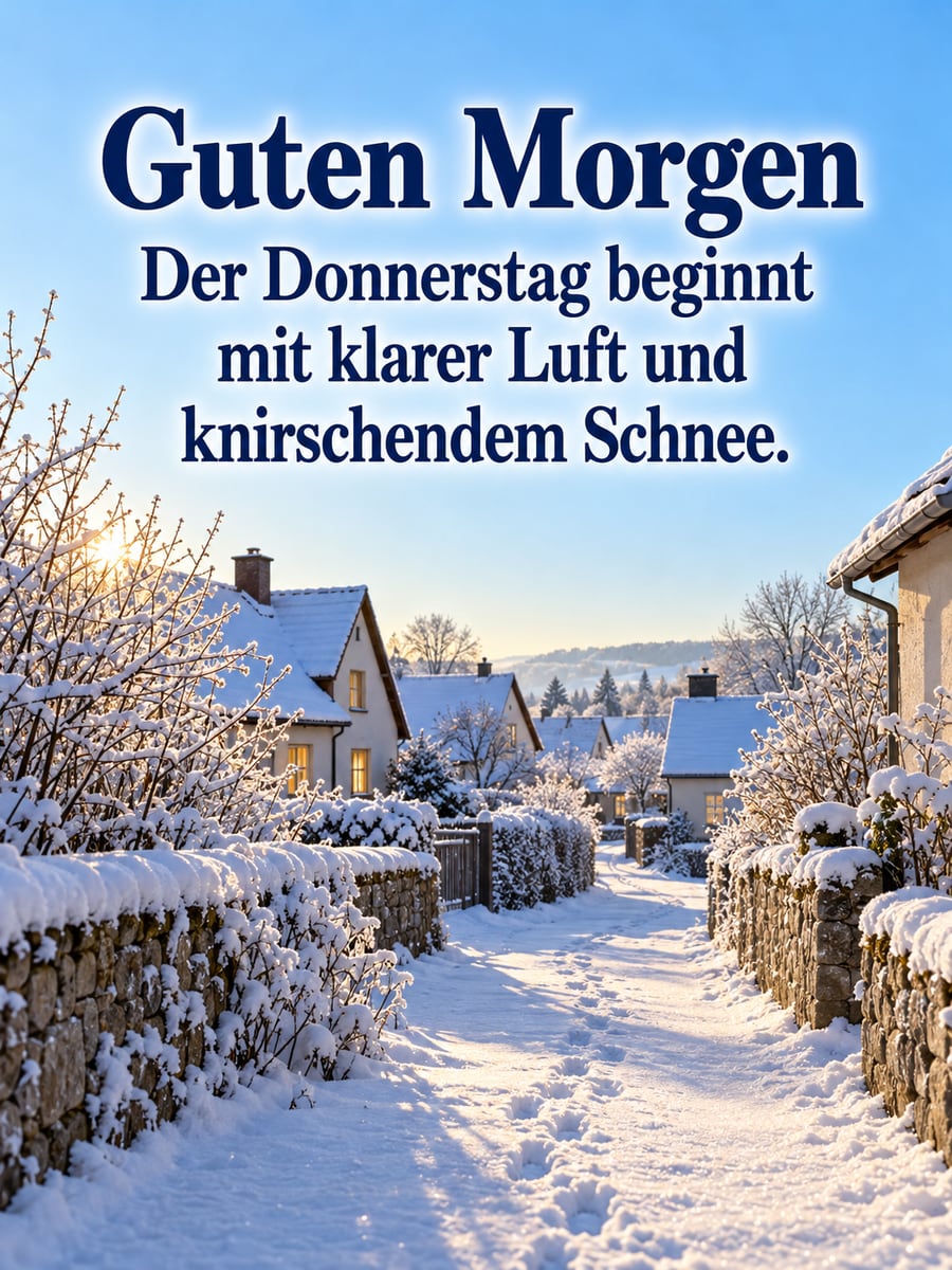 Guten-Morgen-Bild zum Donnerstag mit dem Text „Guten Morgen“ und „Der Donnerstag beginnt mit klarer Luft und knirschendem Schnee.“ – Motiv: Dorfgasse, Neuschnee, Stiefelspuren, Winterhimmel