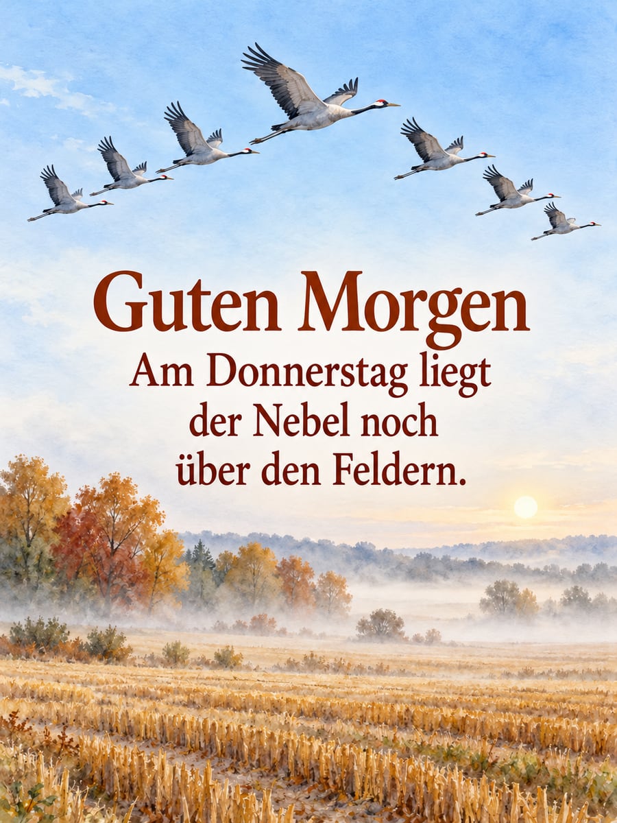 Guten-Morgen-Bild zum Donnerstag mit dem Text „Guten Morgen“ und „Am Donnerstag liegt der Nebel noch über den Feldern.“ – Motiv: Kraniche, Herbstnebel, Stoppelfeld, Vogelzug
