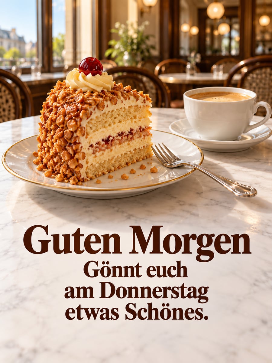 Guten-Morgen-Bild zum Donnerstag mit dem Text „Guten Morgen“ und „Gönnt euch am Donnerstag etwas Schönes.“ – Motiv: Frankfurter Kranz, Kaffee, Café, Marmortisch