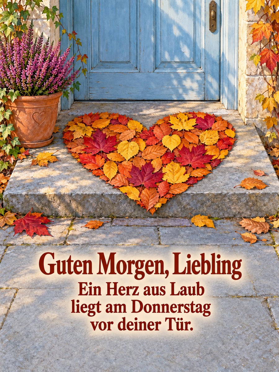 Guten-Morgen-Bild zum Donnerstag mit dem Text „Guten Morgen, Liebling“ und „Ein Herz aus Laub liegt am Donnerstag vor deiner Tür.“ – Motiv: Laubherz, Haustür, Herbstlaub, Heidekraut