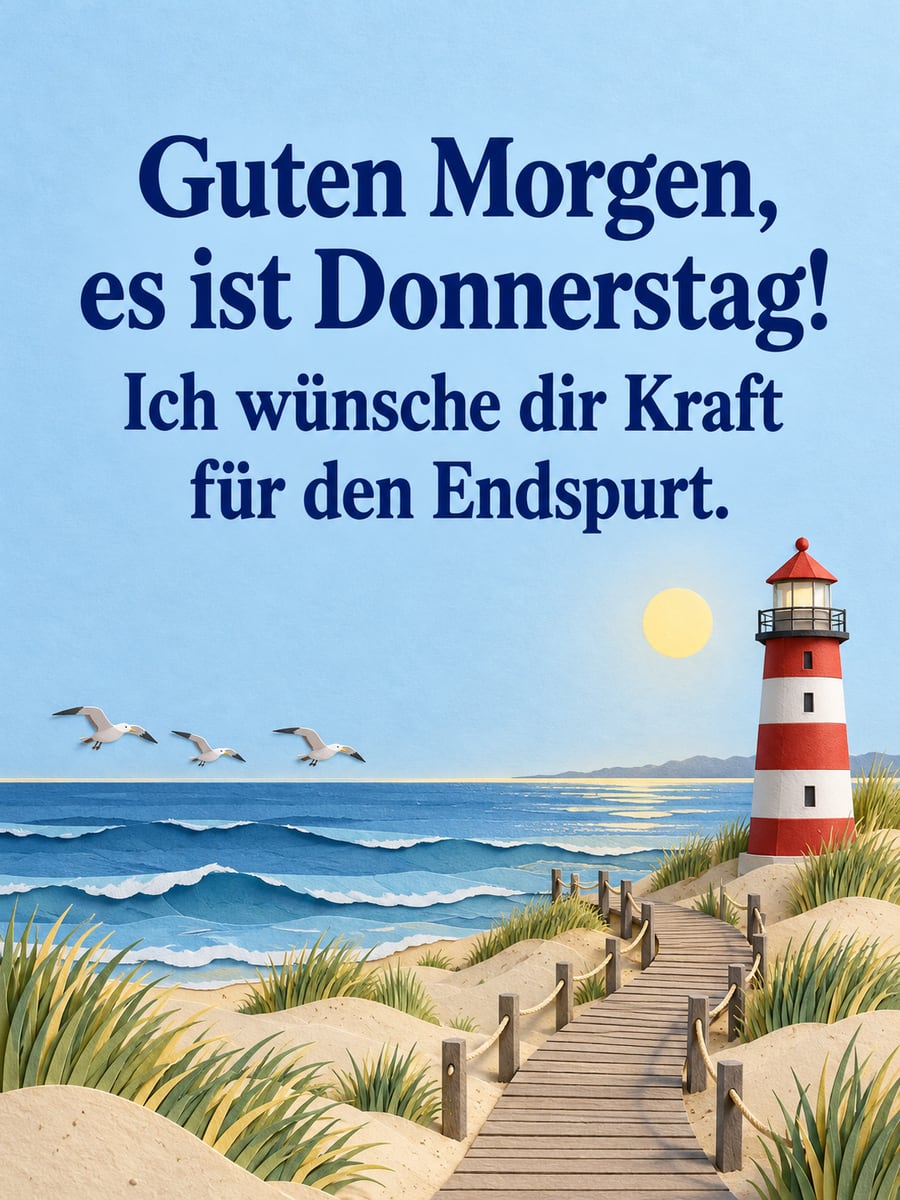Guten-Morgen-Bild zum Donnerstag mit dem Text „Guten Morgen, es ist Donnerstag!“ und „Ich wünsche dir Kraft für den Endspurt.“ – Motiv: Leuchtturm, Düne, Möwen, Küste